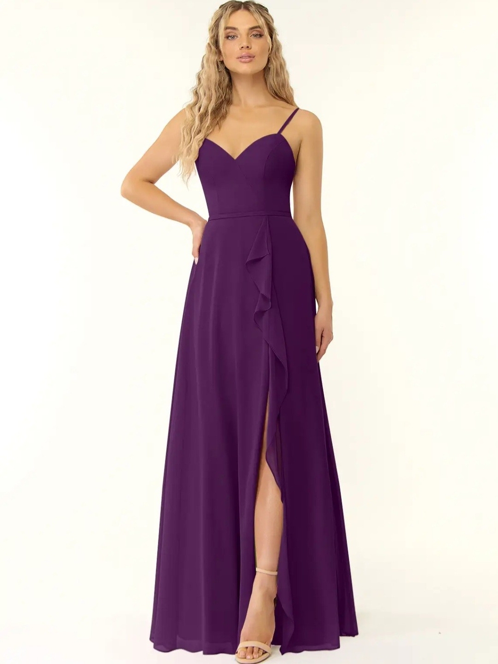 Azazie Naeem Grape A-Line V-Neck Ruffle Chiffon Dress With Marching Scarf